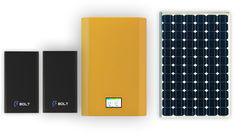 Product photo of the Bolt E-Boiler, batteries and solar panel